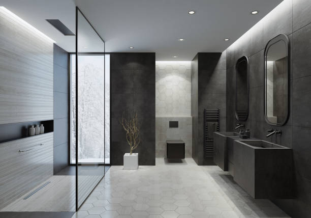 Modern bathroom with dark gray concrete tiles by Bathrooms by RUPP